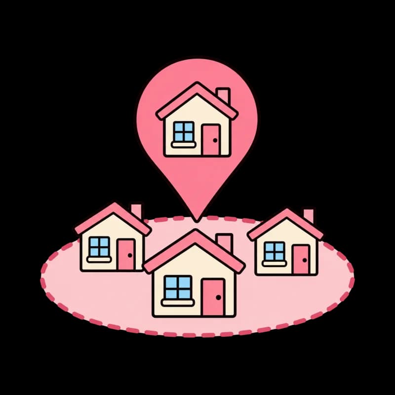 Illustration: a map pin over a protected neighborhood of cottages