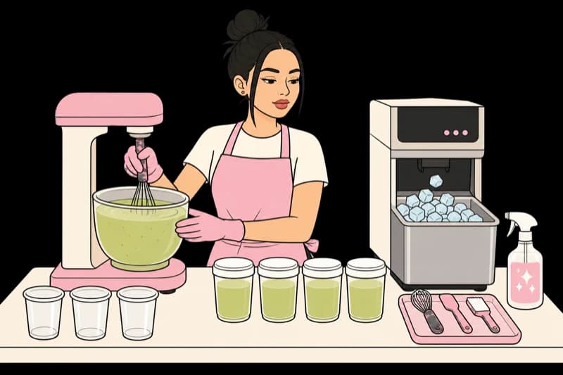 Leslie whisking matcha and prepping fresh ingredients with dedicated equipment