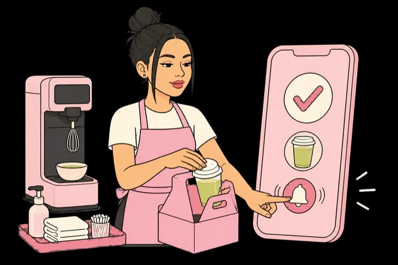 Leslie packing a finished drink as the app shows a ready notification